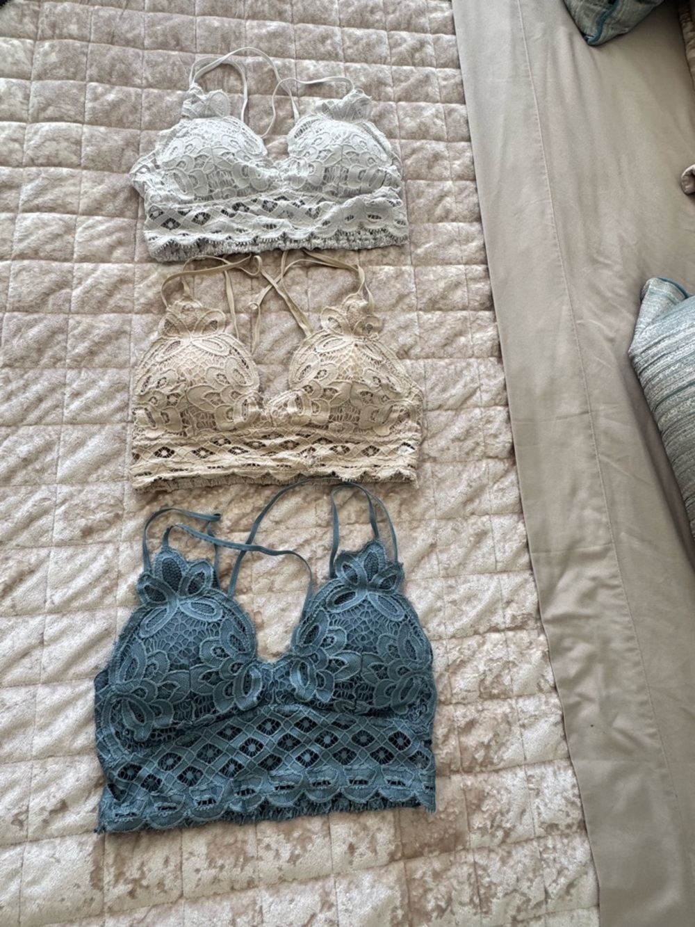 Lace Bralette Set in Gray, Beige, and Blue